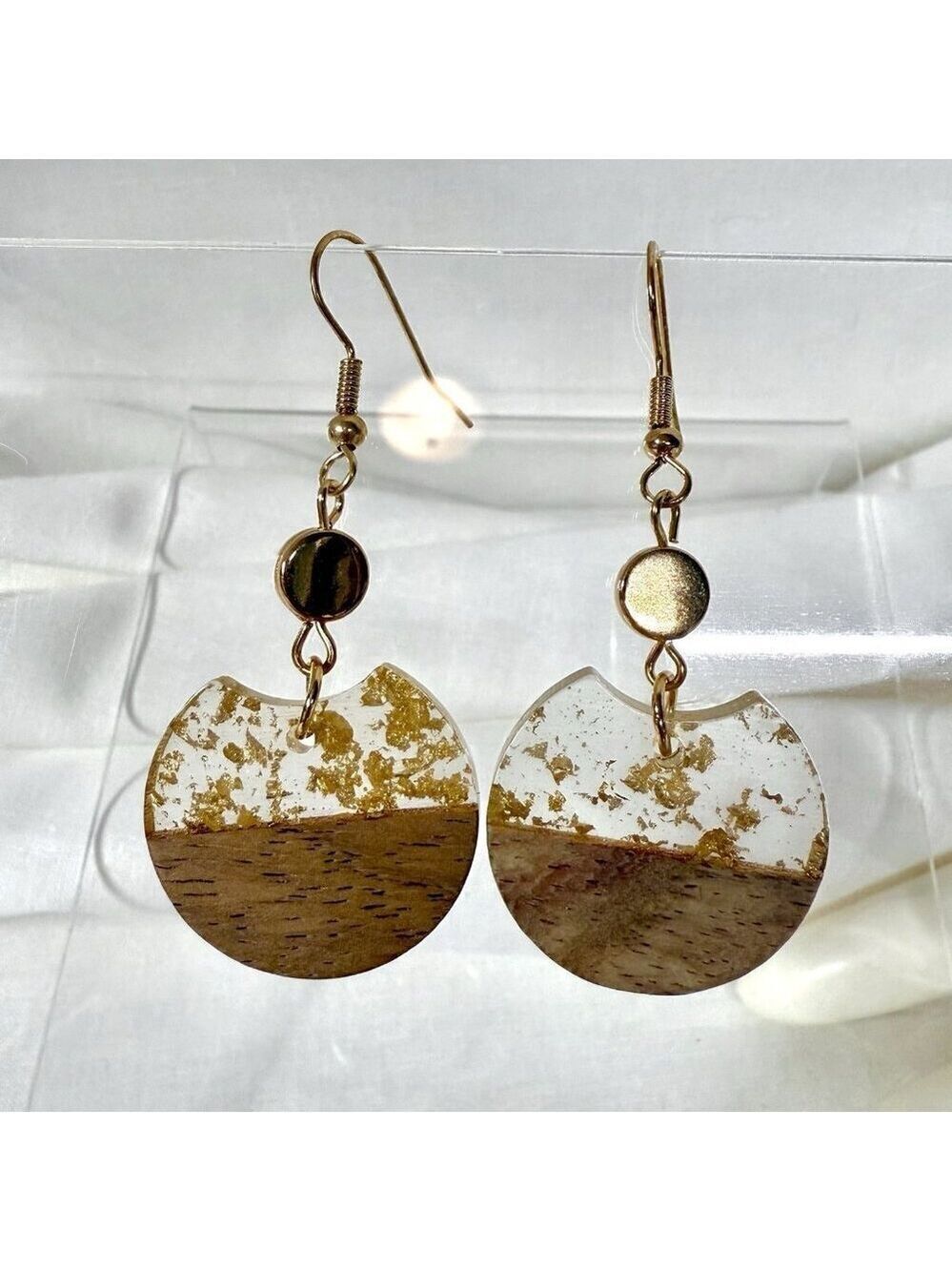 Gold Tone Wood Resin Dangle Earrings Round Drop Gold Leaf Accents 2 Inch